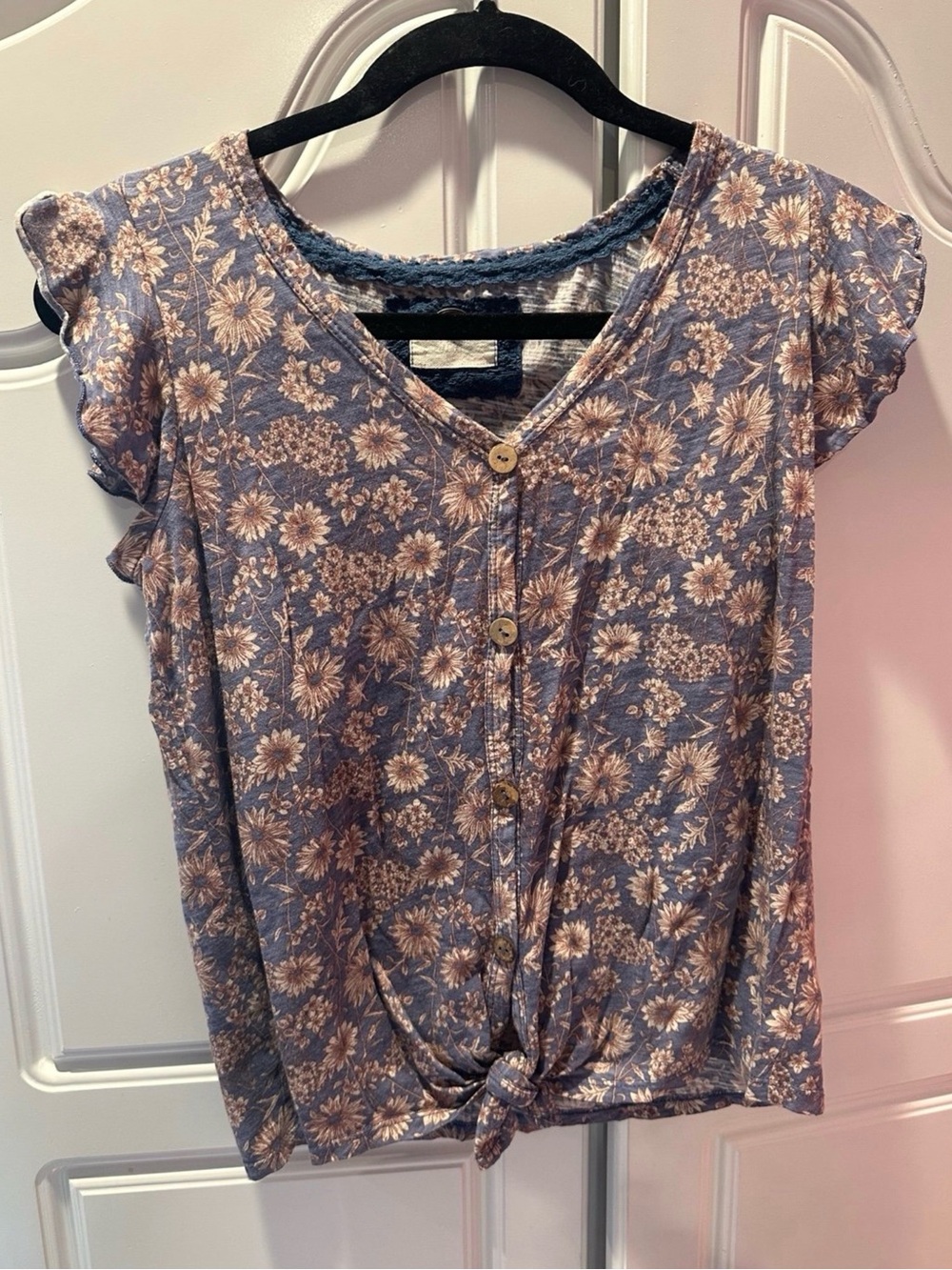 Floral Button-Front Tie Hem Women's Top - Blue